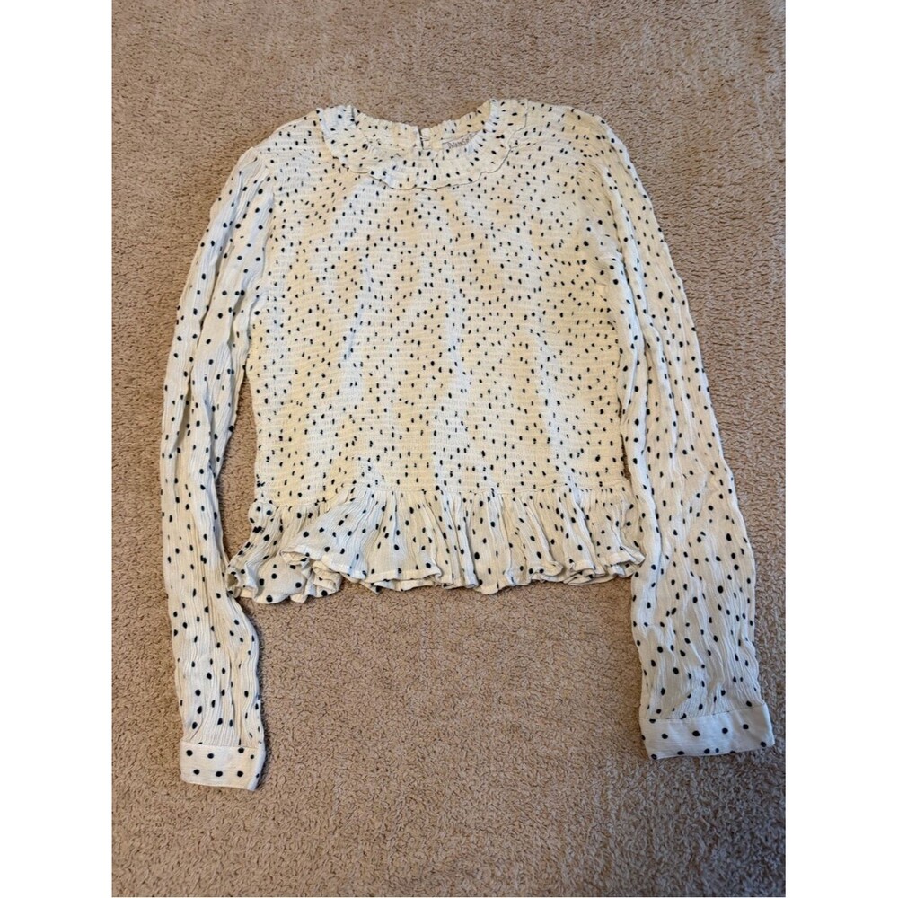 Patrons of Peace Smocked Peplum Blouse Polka Dot Long Sleeve Top Cream L